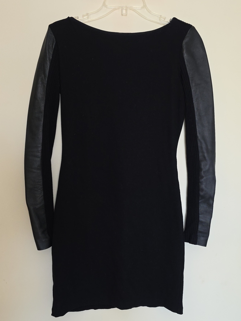 Nicole Miller Black Long Sleeve Knit Dress with 100% Lamb Leather Sleeves